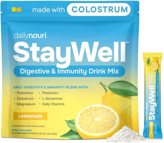Daily Nouri StayWell Digestive & Immunity Drink Mix | Gut Health, Digestion & Bloating Relief | Probiotics, Prebiotics, Colostrum, L-Glutamine, Magnesium, Zinc, Vitamins | 30 Stick Packs
