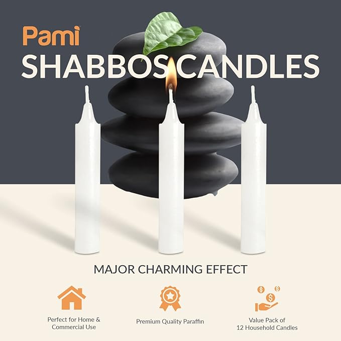 PAMI Traditional Shabbat Candle Sticks [12-Pack] - Unscented Taper Candles with 3 Hours Burning Time- Paraffin Shabbos Candles with Beautiful Flame- Tall Dinner Candles for Candlestick Holders