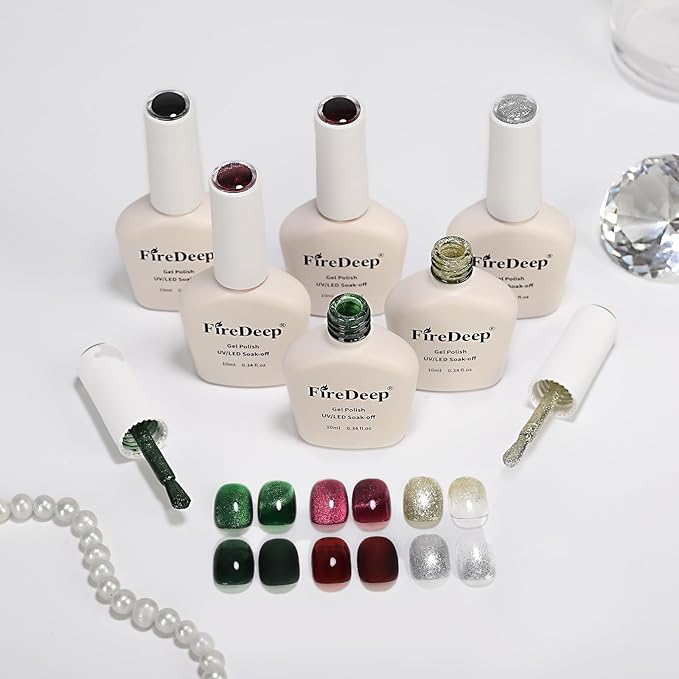 10ml Hema Free Gel Nail Polish Set, 6 Colors Cat Eye Christmas Red Jelly Dark Green Golden Silvery Color Glitter Shimmer Gel Polish Kit with Magnet Soak Off Manicure for DIY and Salon