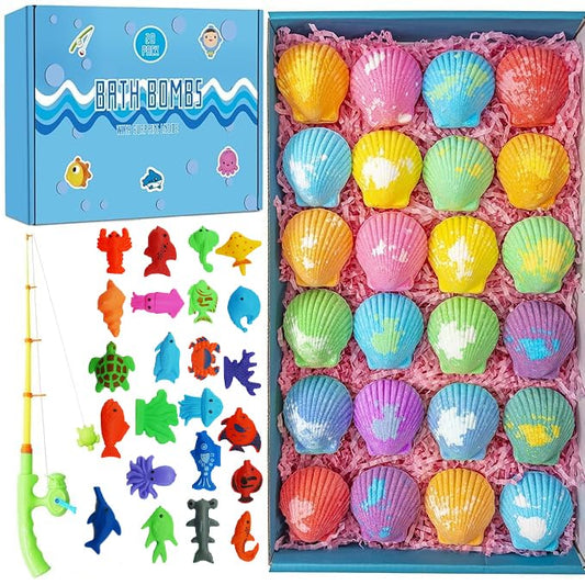Bath Bombs for Kids with Surprise Fishing Games Inside for Girls Boys - 20 Shell Kids Bath Bombs Gift Set, Handmade Bubble Bath Fizzes Bomb for Chrildren Birthday Christmas and Party Favor