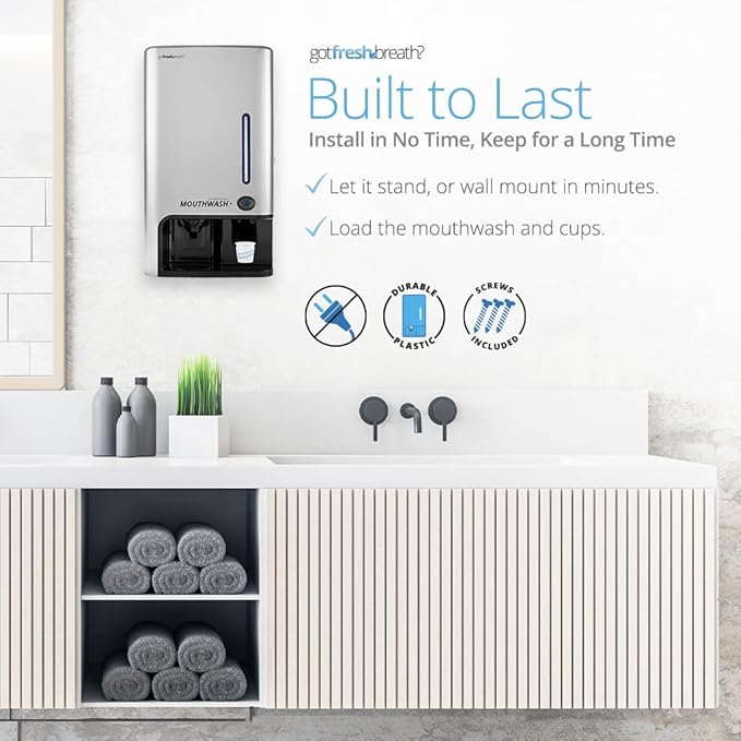 GotFreshBreath Manual Mouthwash Dispenser with Cup Holder – Standing or Wall-Mounted, Slim, Commercial Mouthwash Dispenser with 100 Cups & 50 Oz. Alcohol-Free Mouthwash (Nickel)…