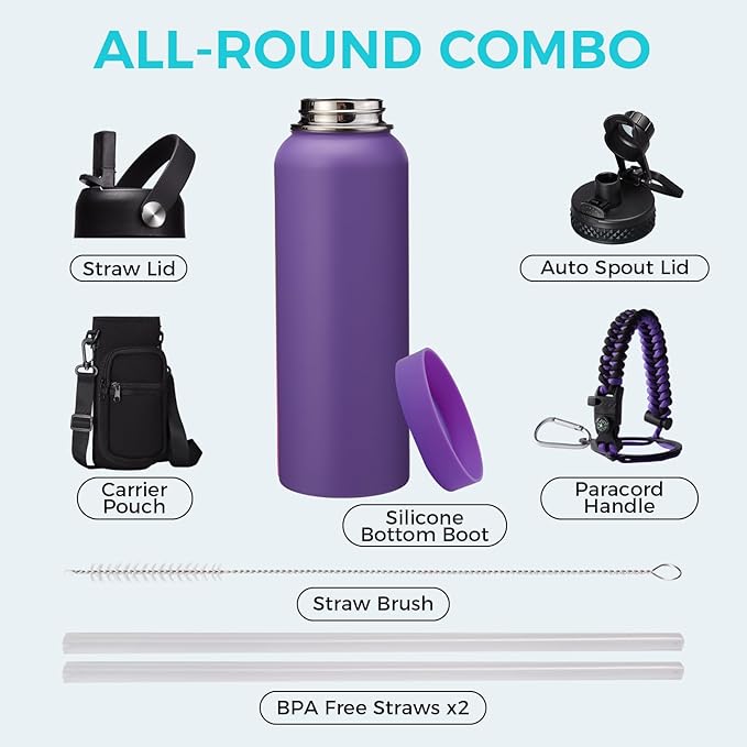 Insulated Water Bottle with Straw - 40 oz Triple Walled Water Bottle with Strap Carrier Bag, Flip Top Lid, Paracord Handle, Protective Cup Mat, Sweat-proof Metal Waterbottle for Sport, Gym, Workout