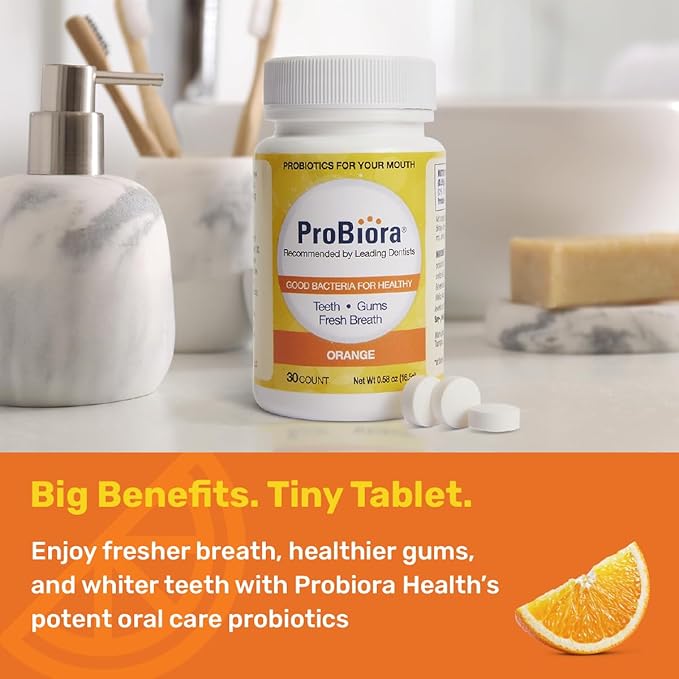 ProBiora Oral-Care Chewable Probiotic Tablets | Probiotic Supplement for Women & Men | Healthier Teeth & Gums | Fresher Breath | Whiter Teeth | Better Overall Health | 30 Count | Orange