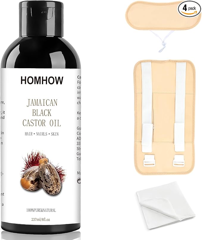 Castor Oil Pack Wrap with Organic Jamaican Black Castor Oil (8fl.oz/237ml), Reusable Caster Oil Packs for Stomach, Neck and Entire Body