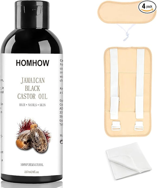 Castor Oil Pack Wrap with Organic Jamaican Black Castor Oil (8fl.oz/237ml), Reusable Caster Oil Packs for Stomach, Neck and Entire Body