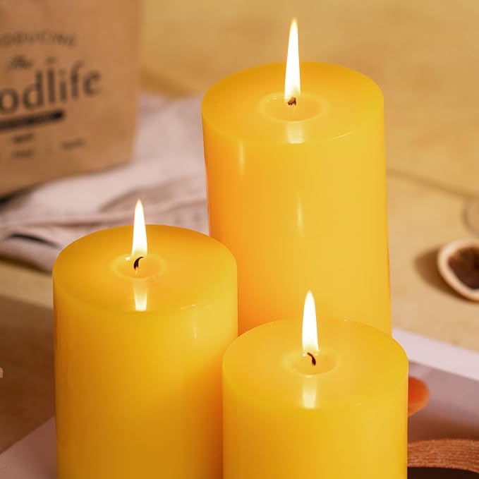 KONNI Yellow Pillar Candles Set of 3, 3"x 4" Unscented Pillar Candles Bulk, 39 Hours Long Burning Candles, Smokeless&Dripless Large Round Candle for Wedding, Home Decoration, Parties, Spas, Dinner