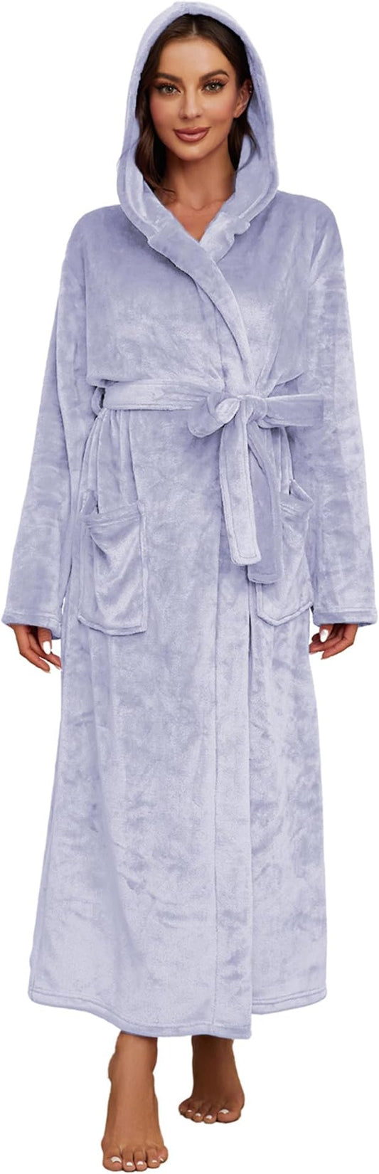 HEARTNICE Womens Long Hooded Robe, Soft Warm Fleece Bathrobes Full Length Plush House Coat