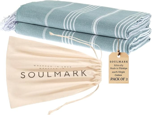 SOULMARK 100% Cotton Turkish Beach Towel with Bag - 38"x71" - 2 Pack - Made in Green & Oeko TEX Certified - Pre-Washed & Sand Free - Quick Dry and Lightweight for Travel - Made in Turkey - Sage Green