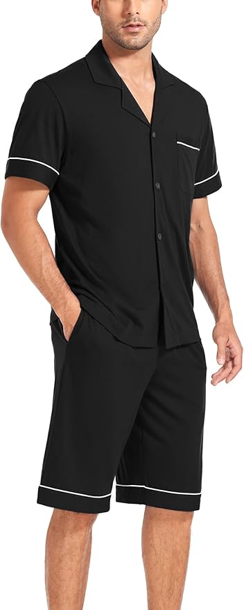 COLORFULLEAF Men's 100% Cotton Short Sleeve Pajama Sets Button Down Notched Collar Sleepwear Soft Lounge Pjs with Pockets