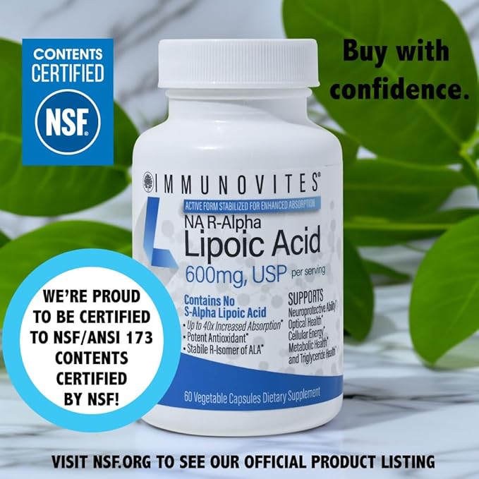 IMMUNOVITES Stabilized R-Alpha Lipoic Acid ((True)) 600mg per Serving [[High Potency & up to 40x Increased Absorption]] (Na R-ALA) (Na R-LA) (Na R-Lipoate) (1 Bottle)