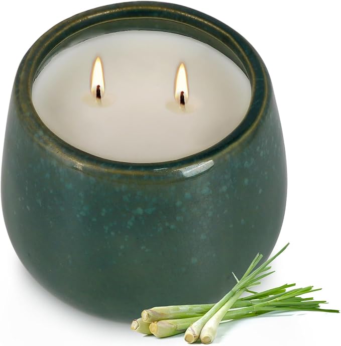 1 Pack Soy Wax Green Ceramic 2-Wick Outdoor Citronella Candles– Long Burning Scented Candle for Home Decor, Relaxation, Gifts & All Occasions