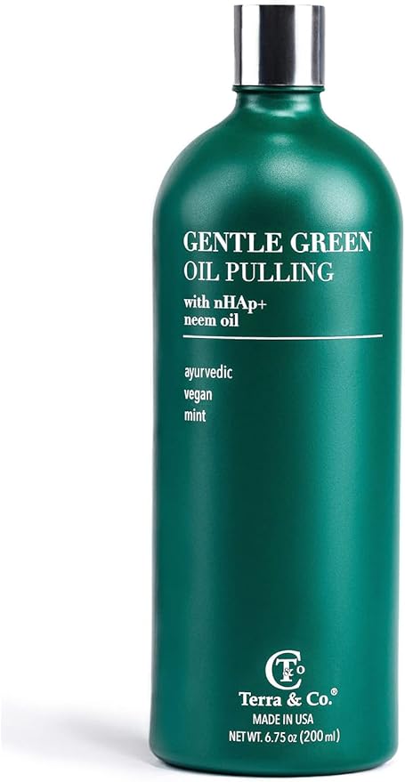 Terra & Co. Gentle Green Oil Pulling for Teeth and Gums - Vegan Natural Mouthwash No Alcohol or Fluoride to Improve Oral Health - Made with Cold Pressed Plant Oils and Nano Hydroxyapatite | 6.75 oz