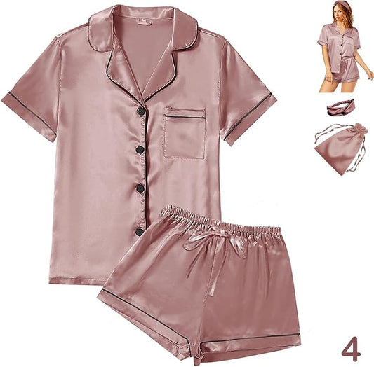 4Pcs Womens Satin Silky Pajama Sets Short Sleeve Shirt XS-4XL Floral Pajamas Set Soft PJ Loungewear Sleepwear