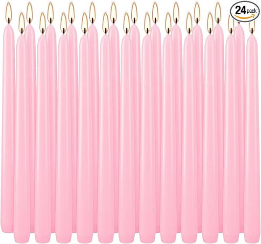 24 Pack Pink Taper Candles, 7-8 Hours Burn Time, Unscented, Smokeless and Dripless, 0.75 x 10 Inch Dinner Candle Set for Valentine's Day,Household, Wedding, Party and Home Décor Candlesticks
