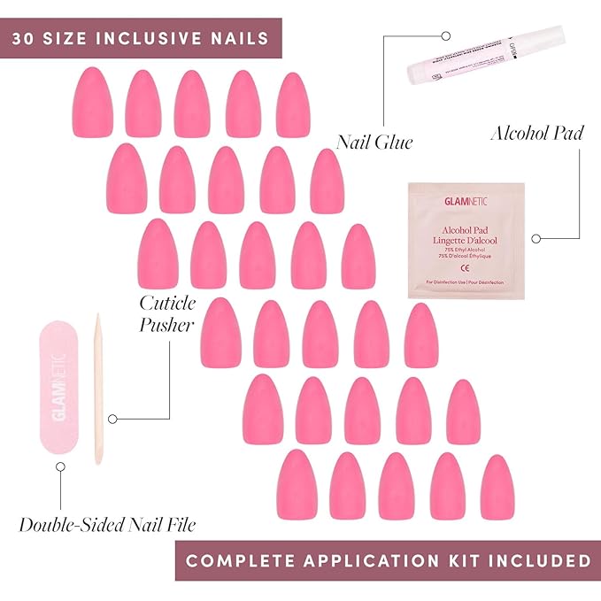 Glamnetic Press On Nails - Flamingo Pink | Opaque Classic Pink Short Almond Fake Nails, Salon Quality | 15 Sizes - 30 Nail Kit