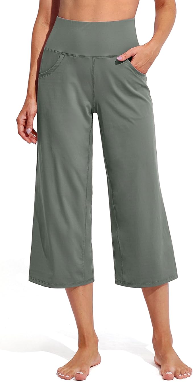 Promover Capri Pants for Women Wide Leg Yoga Cropped Pants with Pockets Loose Casual Summer Pants