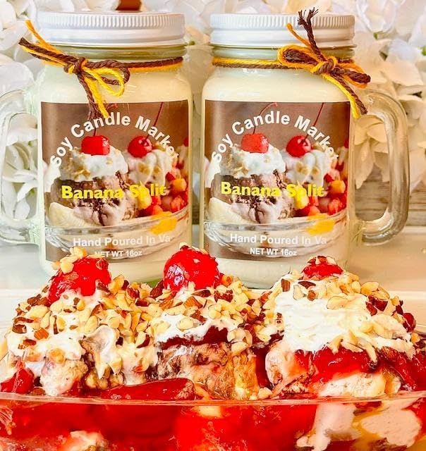 Soy Scented Candles | Handmade & Highly Aromatic Candles Burns Upto 85 Hours in Glass Jar - Perfect for Home Decor, Wedding, Birthday, Dinner (Banana Split, 16 oz)