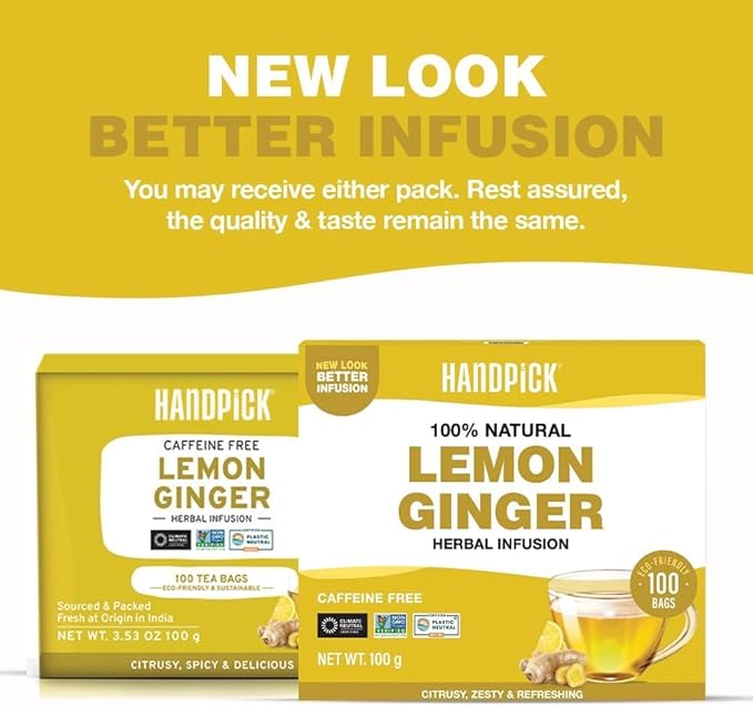 HANDPICK, Lemon Ginger Herbal Tea - 100 Pyramid Tea Bags | 100% Natural Ingredients, Tasty & Citrusy Hand-made Blend of Lemon & Ginger | Caffeine Free, Gluten Free | No Artificial Ingredients