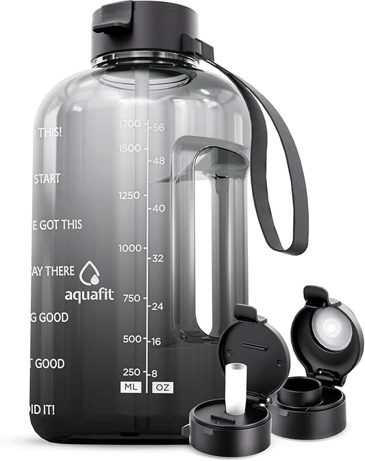 AQUAFIT Half Gallon Water Bottle with Time Marker - Straw & Chug Lid - BPA Free Gym Water Bottle with Straw - Big Gallon Jug (Midnight Gray, 64 oz - 2 Lids)