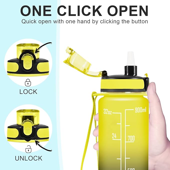 Enerbone Water Bottle, Leakproof BPA & Toxic Free, Motivational Water Bottle with Times to Drink and Straw, Fitness Sports Water Bottle with Strap for Office, Gym, Outdoor Sports