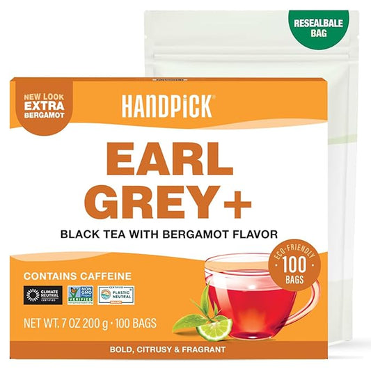 HANDPICK, Earl Grey Black Tea Bags (100 Count) Bergamot Oil | Caffeinated, Earl Grey Tea Bags | Flavoured With Citrus and Bergamot Brew Hot/Iced Tea with or without milk