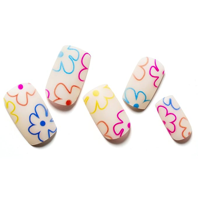 GLAMERMAID Matte Floral Press on Nails Medium Square, Y2K Pink Dull Polish Gel False Nals with Flower Design, Natural Glue on Nails Kit for Women, Neutral Reusable Stick on Acrylic Fake Nails Manicure