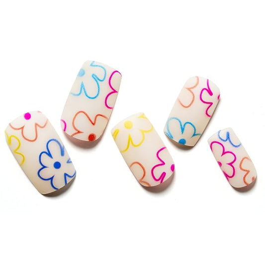 GLAMERMAID Matte Floral Press on Nails Medium Square, Y2K Pink Dull Polish Gel False Nals with Flower Design, Natural Glue on Nails Kit for Women, Neutral Reusable Stick on Acrylic Fake Nails Manicure