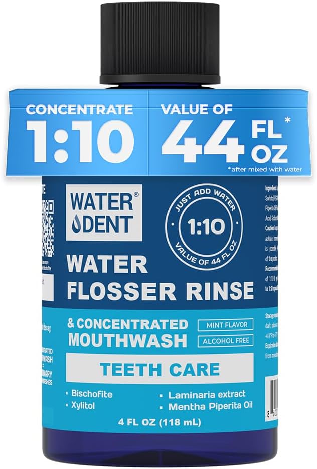 | Water Flosser Rinse, IRRIGANT, Concentrate Mouthwash | When dilluted1:10 = 44 fl.oz, Travel Size, Add to Oral irrigator, Mint Flavor, Alcohol & Fluoride Free. Made in USA | 4 fl.oz