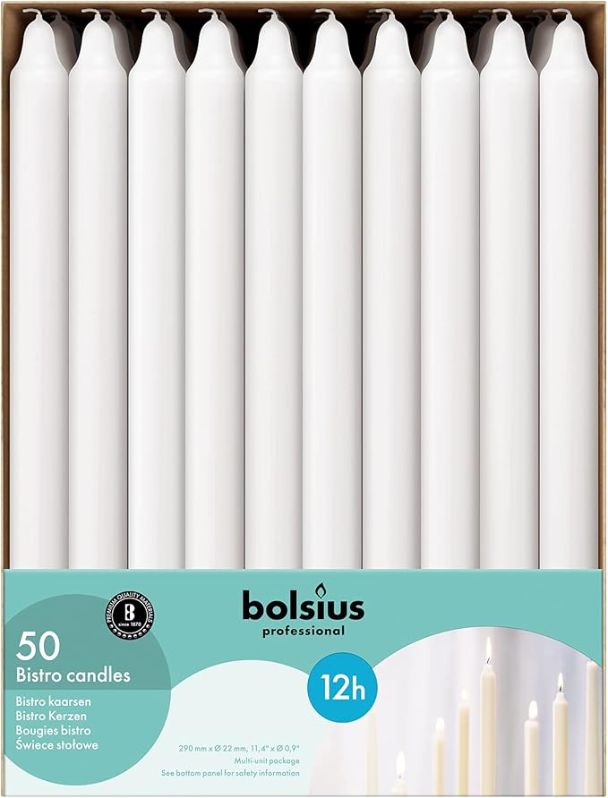 BOLSIUS White Candlesticks Bulk Pack 50 Count - Unscented Dripless 11.5 Inch Household & Dinner Candle Set - 12+ Burn Hours - Premium European Quality - Consistent Smokeless Flame - 100% Cotton Wick