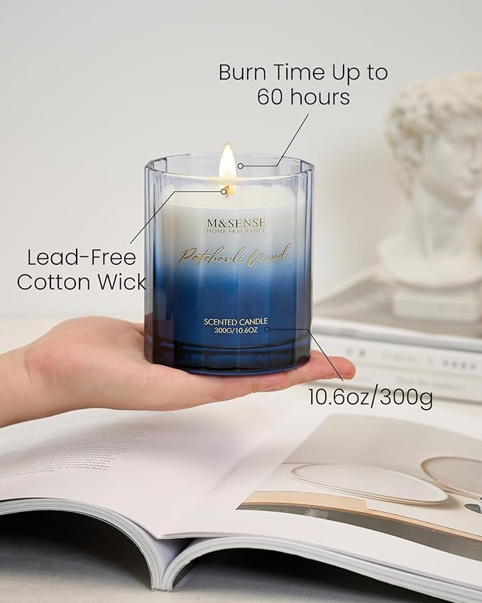 M&SENSE Sandalwood Patchouli Scented Candle - 10.6oz Natural Soy Wax 60-Hour Long Lasting Burn Time Non Toxic Strong Woody Scented Candle for Men Women