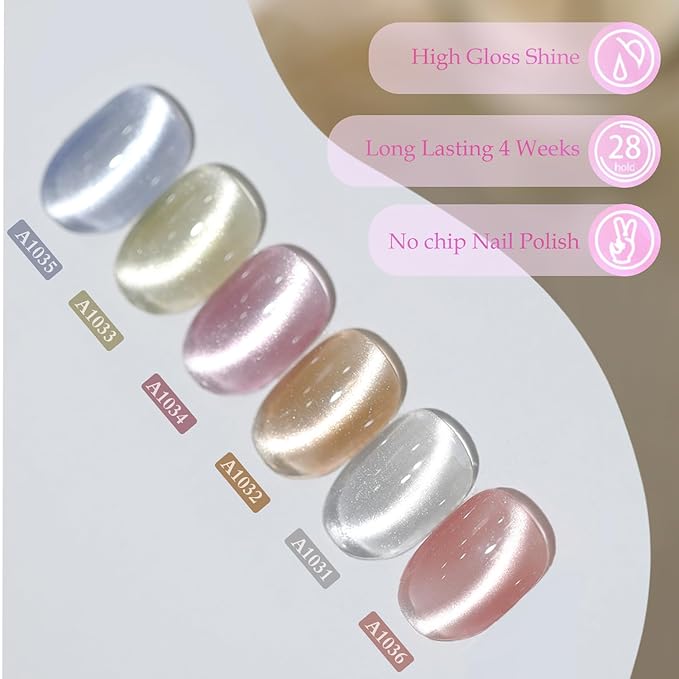 Double Rhythm 6 Colors Cat Eye Gel Polish Set Shimmer Glitter with Magnet Holographic Reflective Magnetic UV Nail Art Kit (Jelly Glass Silver Nude Pink-6-Kit 24)