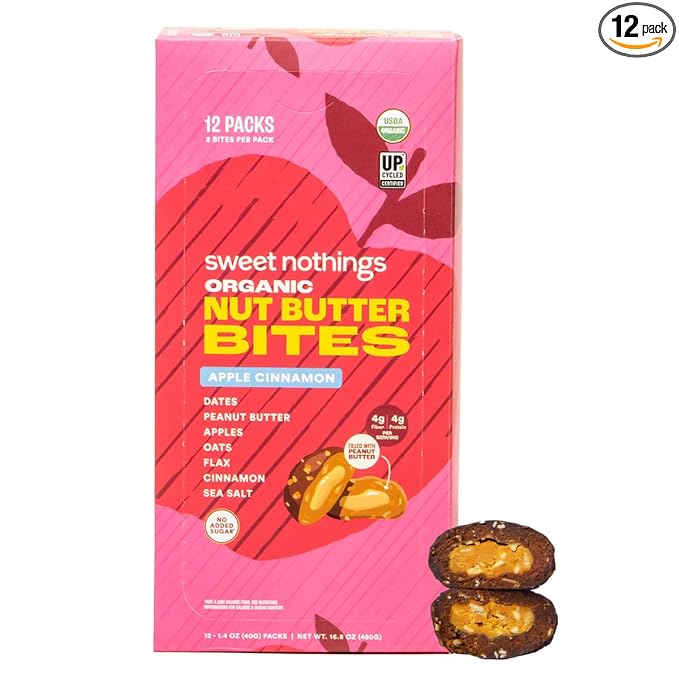 Sweet Nothings, Apple Cinnamon, USDA Organic Nut Butter Bites Protein Bar, Nut & Date Snack, Filled with Peanut Butter, 12-2 Bite Value Packs - No Added Sugar, Good Source of Fiber, Only 7 Ingredients