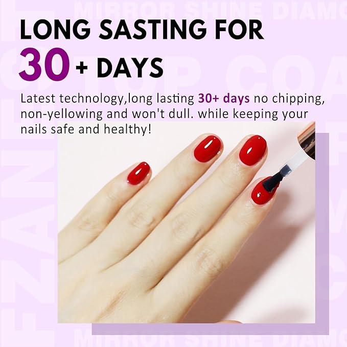 FZANEST Gel Top Coat 2 * 15ML No Wipe Diamond Top Coat Gel Nail Polish Clear High Glossy Mirror Shine Chrome Finish UV LED Long Lasting No Chipping Yellowing Salon Quality Home Use Beauty Gift