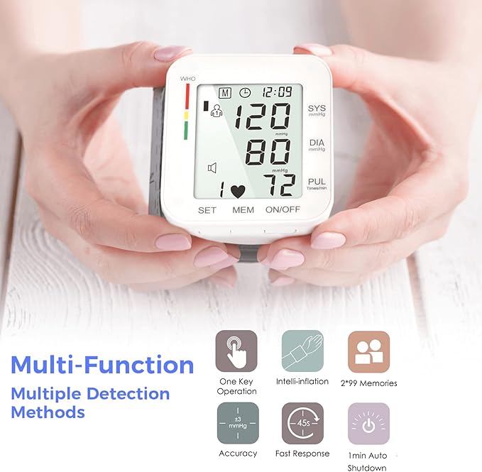 MMIZOO Wrist Blood Pressure Monitor Large LCD Display BP Machine Adjustable Cuff 5.31-7.68 inch Automatic 99x2 Sets Memory with Carrying Case for Home Use (W1681)