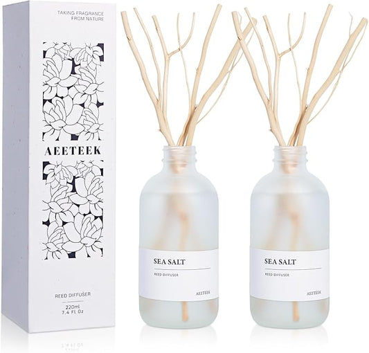 Sea Salt Reed Diffuser Set of 2-14.8 oz(220mlx2) Sea Salt Musk and Grass Essential Oils, Bathroom Air Freshener with Willow Branches Decor, Long Lasting Fragrance for Home, Office