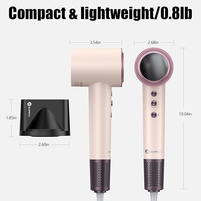 (OUTLET)slopehill 160,000 RPM Professional Hair Dryer - 0.8lb Ultra-Lightweight, 6 Billion Ion Technology for 98% Frizz Reduction, AI Smart-Temp Control, Magnetic Attachments for All Hair Types (Pink)