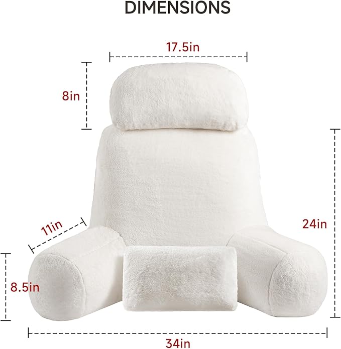 NOONTIDE Reading Pillow for Sitting up in Bed and Couch,32" X-Large Back Pillow for Adult & Teens with Soft Adjustable Neck Roll Backrest Pillow,Washable Cover,Watching TV/Gaming/Relaxing(FurryWhite)