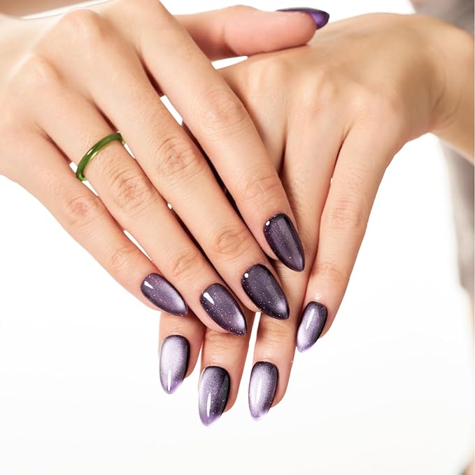 GLAMERMAID Dark Purple Magnet Cat Eyes Press on Nails Short Almond, Black Aurora Handmade Jelly Gel Fake Nail Kit, Ombre Glitter Magnetic Glue on Nail Stiletto, Medium Oval Stick on False Nail Women