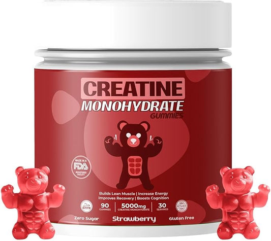 Creatine Monohydrate Gummies for Men & Women | 5000mg of Creatine Gummies per Serving | Sugar, Gluten Free & Halal | Pack of 90 for Pre Workout & Muscle Support | Strawberry Flavor