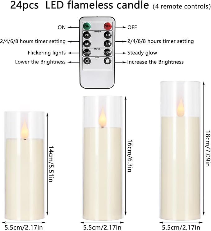 24-Pack Acrylic LED Flameless Pillar Candles with Remote & Timer, Battery Powered - Perfect for Indoor/Outdoor Decor,Wedding,BBQ and Gift - Easily Create a Magical Atmosphere.(Ivory)