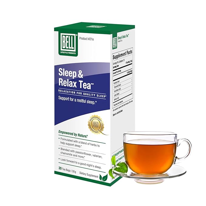 Bell Lifestyle Sleep & Relax Herbal Tea - Night Time Blend with Chamomile, Passionflower, Linden, Valerian, 100% Natural, Vegan, Caffeine-Free - 20 Tea Bags