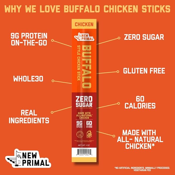 New Primal Buffalo Chicken Sticks, Keto, Gluten Free Healthy Snacks, Sugar Free Low Carb High Protein, Jerky Meat Stick, 9g Protein, 80 Pack