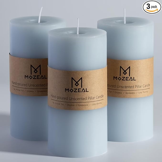 MOZEAL 3" x 6" Hand-Poured Unscented Candle, Dripless Pillar Candle Set of 3, Long Lasting Burning, Approx 120 Hours Burn Time, Rustic Country Style, for Baby Showers, Spring Freshness, Baby Blue