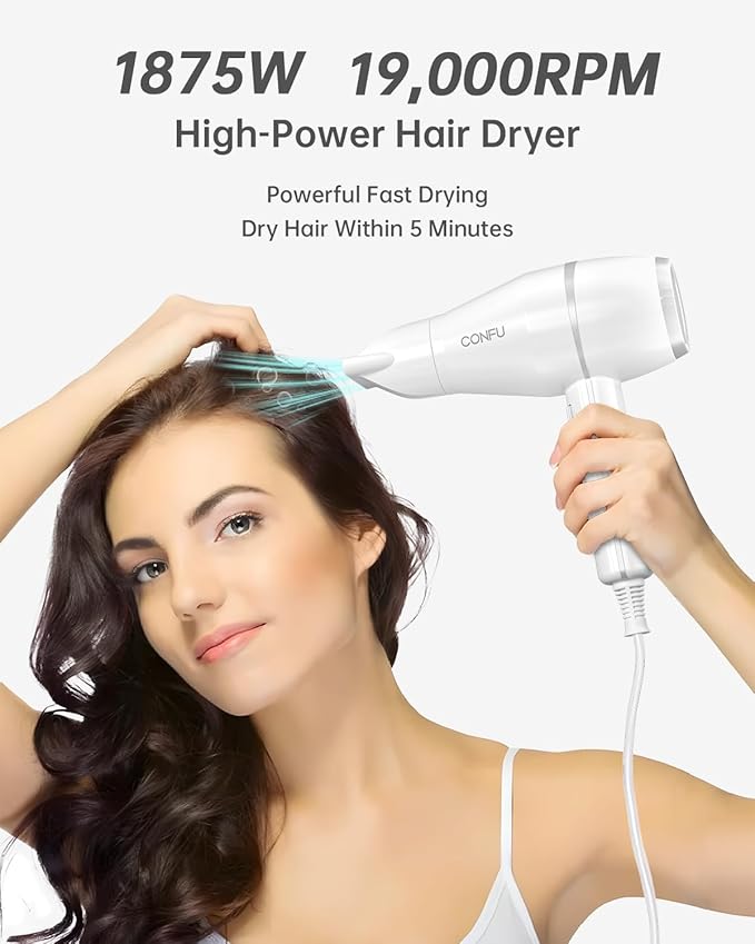Hair Dryer, CONFU Blow Dryer with Diffuser, 1875W Negative Ionic Hairdryer, Professional High Power, Diffuser Hair Dryer for Curly Hair