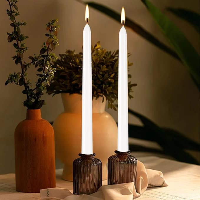 100Pack White Taper Candles, 7-8 Hours Burn Time, Unscented, Smokeless and Dripless, 0.75 x 10 Inch Dinner Candle Set for Household, Wedding, Party and Home Décor Candlesticks