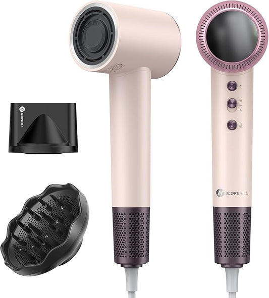 (OUTLET)slopehill 160,000 RPM Professional Hair Dryer - 0.8lb Ultra-Lightweight, 6 Billion Ion Technology for 98% Frizz Reduction, AI Smart-Temp Control, Magnetic Attachments for All Hair Types (Pink)