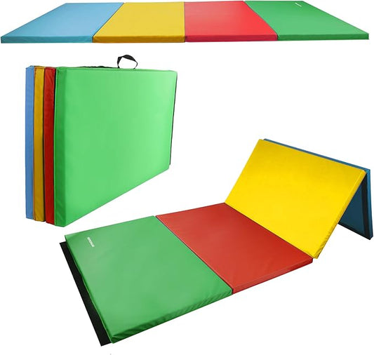 Folding Exercise Gymnastics Mat, 4'x8'x2" Gym Workout Mat with Carrying Handles 4-Fold High-Density Anti-Tear Portable Fitness Aerobics Mat for Home Gym Yoga Pilates Tumbling MMA Core Training