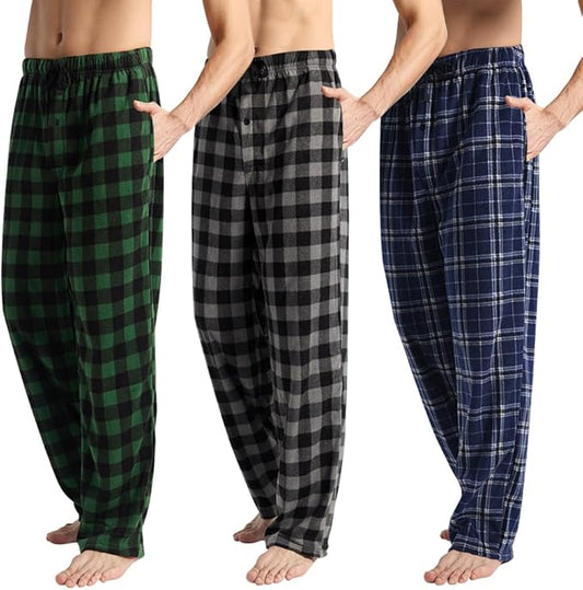 3 Pack Men's Fleece Pajama Pants Bottoms– Lounge Sleepwear Plaid PJs with Pockets and Button Fly