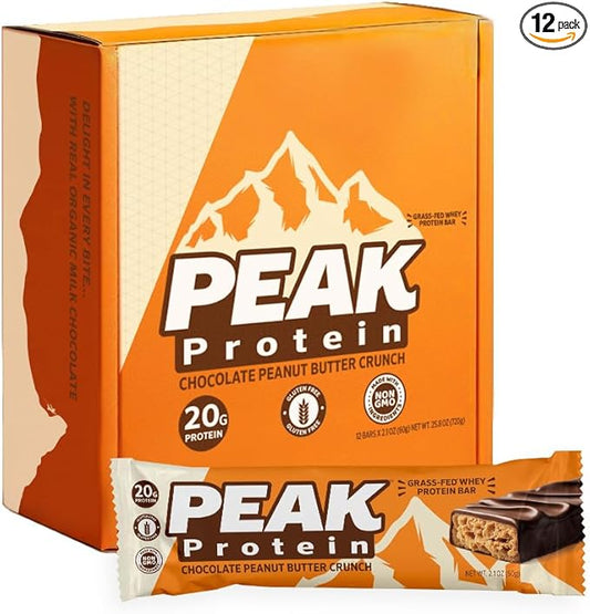 PEAK PROTEIN BARS - Chocolate Peanut Butter Crunch - Natural - Grass-Fed Whey - 20G Protein - Non-GMO - Gluten Free (12 Bars)