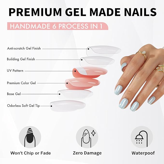Chrome Press on Nails Square - Soft Gel Blue Press on Nails Short for Women Gift, Glossy & Natural Stick on Nails with Glue in 16 Sizes - 32 Reusable Fake Nails, Aurora Light Blue